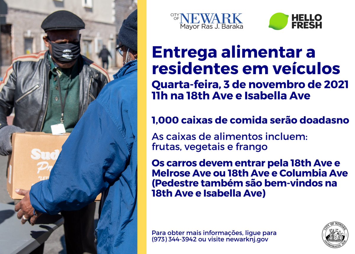 CityofNewarkNJ's tweet photo. This Wednesday, Nov. 3, we will bring our Drive Up &amp; Go Food Distribution to the West Ward, at 18th Ave &amp; Isabella Ave!

Drive up, or walk up, and grab your FREE box of food for you and your family at 11am 📦 https://t.co/fQVHr66kgE