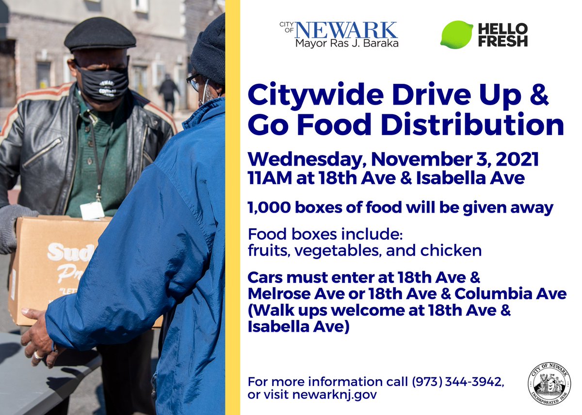 CityofNewarkNJ's tweet photo. This Wednesday, Nov. 3, we will bring our Drive Up &amp; Go Food Distribution to the West Ward, at 18th Ave &amp; Isabella Ave!

Drive up, or walk up, and grab your FREE box of food for you and your family at 11am 📦 https://t.co/fQVHr66kgE