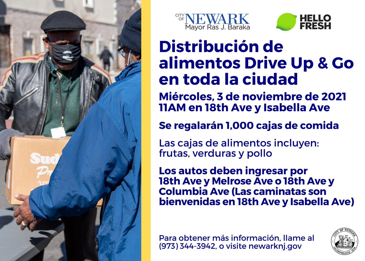 CityofNewarkNJ's tweet photo. This Wednesday, Nov. 3, we will bring our Drive Up &amp; Go Food Distribution to the West Ward, at 18th Ave &amp; Isabella Ave!

Drive up, or walk up, and grab your FREE box of food for you and your family at 11am 📦 https://t.co/fQVHr66kgE