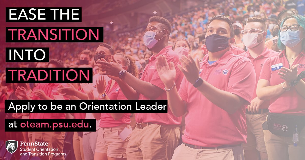 PSU_Undergrad's tweet photo. .@PennStateSOTP is now hiring Orientation Leaders!
✔️ Students that want to make a difference in Penn Staters lives can start by submitting an application and attending an info session.
Read more on the opportunity at https://t.co/mLf2wjDV75. #PennState #PSUNSO https://t.co/mPIdo9lRae