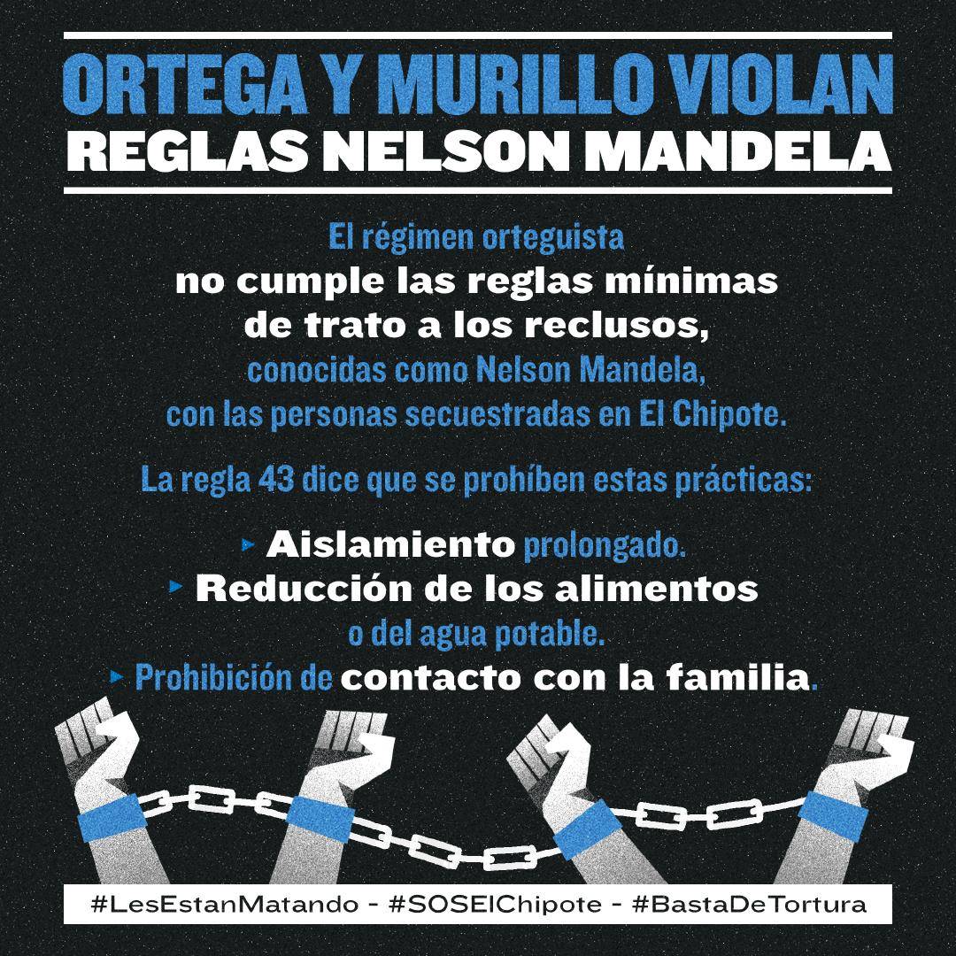 Articulo66Nica's tweet photo. Desde 1955 la ONU aprobó las reglas mínimas de tratamiento a reclusos, conocidas como Nelson Mandela. El régimen de Daniel Ortega viola estas reglas al someter a tratos crueles a las personas secuestradas en El Chipote. #LesEstanMatando #SOSElChipote #BastaDeTortura https://t.co/pNM1BgOJTf