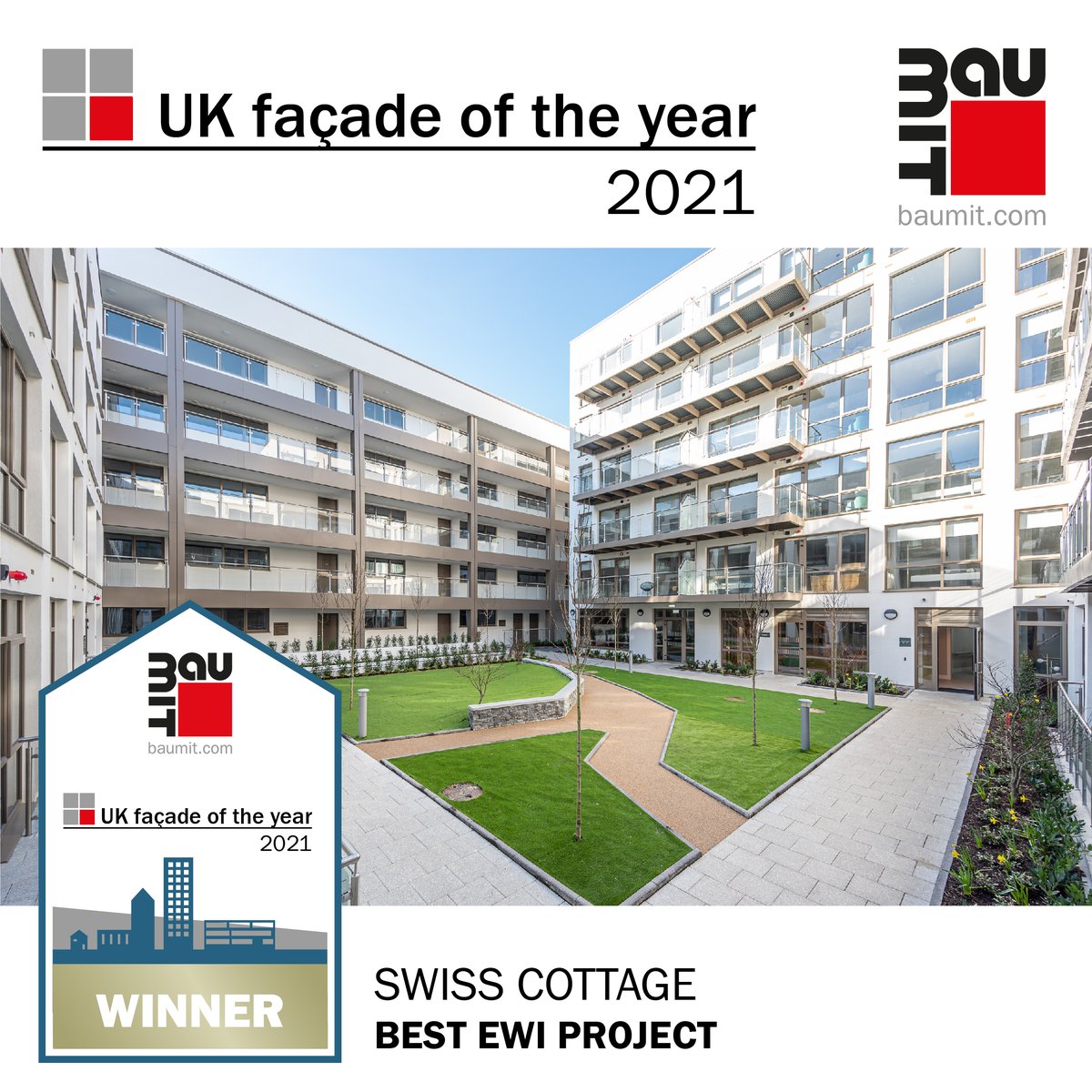 BaumitUKLtd's tweet photo. Congratulations to McNamara Construction winners of the UK Façade of the Year in Best EWI Project category with Swiss Cottage. Congratulations also go to @wpsplastering  and @Envirorend_SE for their projects which received a Highly Commended award. #UKFacadeoftheYear #BaumitUK https://t.co/mMUke9xsi0