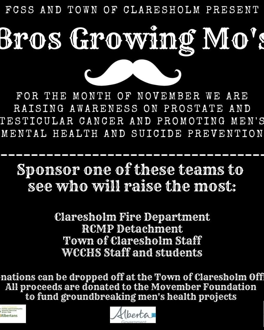ClaresholmFire's tweet photo. Movember starts today! 8 members of Claresholm Fire STN-13 will be participating. Check out the poster from Claresholm FCSS and Nov 1 photos!! Keep checking back for updates. #claresholmfirerescue #movember #claresholmfcss https://t.co/x8AE1hEl6k