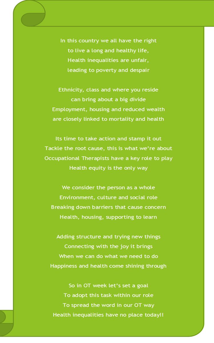 It's OT week!!! This years theme is Health Equity, I've written a poem to support the theme and help champion what we do as Occupational Therapists <a href="/theRCOT/">Royal College of Occupational Therapists</a> <a href="/mpftnhs/">Midlands Partnership University NHS FT</a> #OTsForEquity #OTweek2021