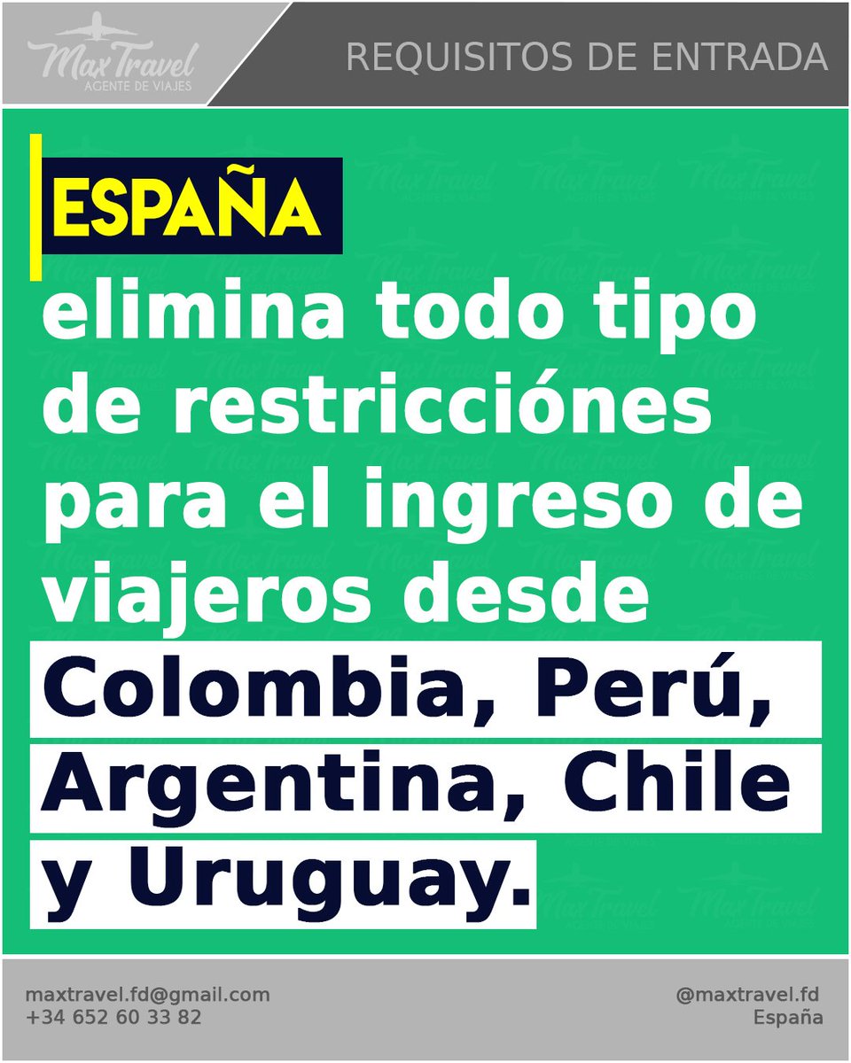 maxtravelfd's tweet photo. #Colombia #Chile #Peru #Argentina y #Uruguay tienen acceso a #España sin ningún tipo de restricciones.

Para más información, haz click en el link ⬇️⬇️⬇️
https://t.co/O5W3Y7uXC1 https://t.co/pbdBtpKHyr