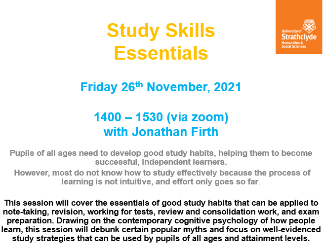 StrathEDU's tweet photo. Are you looking to help your pupils develop good study habits? This #StrathCLPL short course will help! This will be held on 26th November from 1400 - 1530 (via zoom) with @JW_Firth  Sign up here: https://t.co/b7QUBEVKN1 https://t.co/rUZtNZveF4