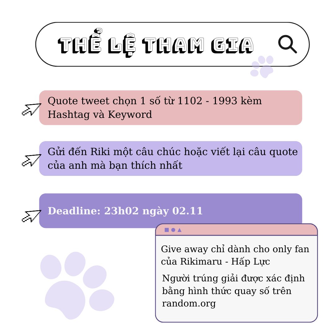 emnobeRML's tweet photo. [HAPPY RIKI DAY - GIVE AWAY]

Một chiếc GA be bé với tấm lòng to to 💜 

💜 Quote tweet chọn 1 số từ 1102 đến 1993 kèm 1 lời chúc hoặc câu quote của anh bạn thích nhất 
💜 Đính kèm hashtag và keyword

Rikimaru HBD 0211
#HappyRikimaruDay https://t.co/SJFFSYLVDf