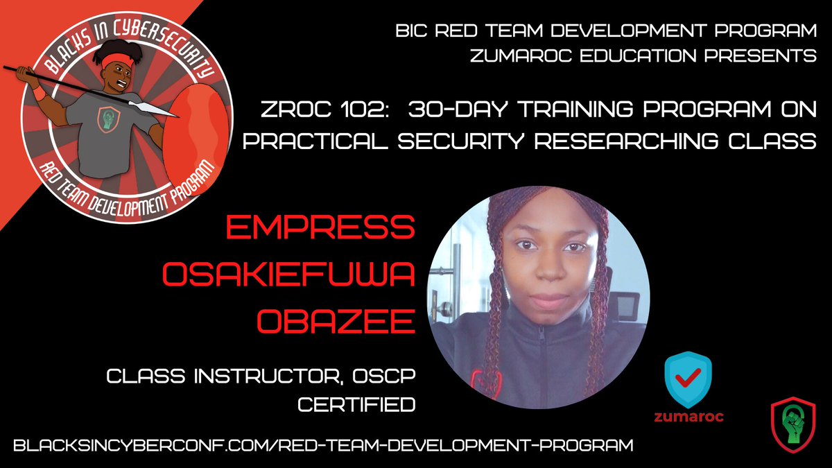 BlackInCyberCo1's tweet photo. Shout out to our latest RTDP Instructor Empress ! Today is the first day of our RTDP - ZROC102 Security Researching by #Zumaroc !

#blacksincybersecurity #blackincybersecurity #BIC #LitLikeBIC  #blacksincyber #blackincyber #BIC_CLADP #cybersecurity #BIC_RTDP #RedTeam https://t.co/YN3xNyh2Z4