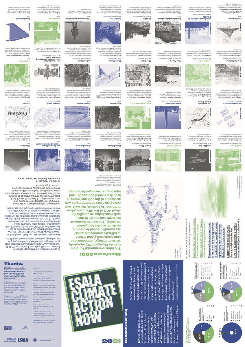 ESALAdeclares's tweet photo. Thrilled to share the ESALA Climate Action poster/placard, which foregrounds some of the latest efforts at @ESALA_Edinburgh to tackle the climate emergency through research and pedagogy, celebrating ongoing work as well as pointing to the many remaining challenges. #ESRCFestival https://t.co/7fis0Qm4xz