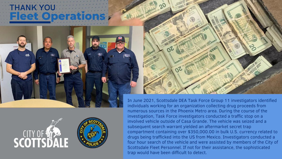 ScottsdalePD's tweet photo. In Sept, Task Force Group 11 presented Scottsdale Fleet Personnel with a DEA Certificate of Appreciation for their help in this search. This was just one of many occasions where Fleet was instrumental in locating drugs or money concealed within vehicles. #citypartners https://t.co/1TqXQeqhUv