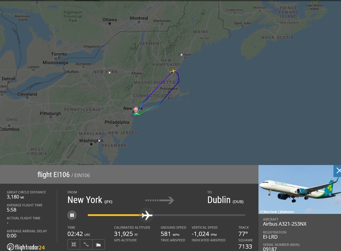 Michaelkelly707's tweet photo. Last nights #AerLingus flight #EI106 from New York JFK to #DublinAirport returned to JFK apparently with a Hydraulic issue https://t.co/Db7dChG1bV