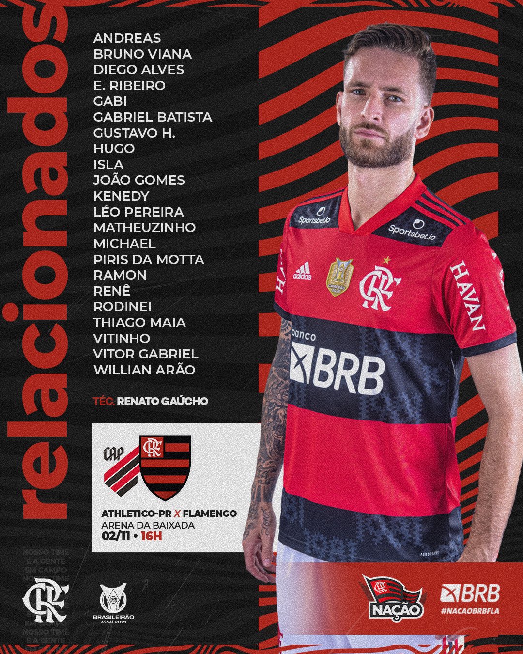 Confira a lista dos jogadores do Flamengo relacionados para este duelo diante do Furacão. Fonte: Flamengo/Twitter