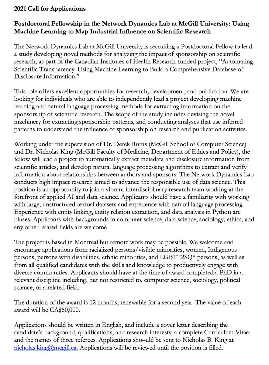 Nick King (@nk_montreal) on Twitter photo We're hiring! <a href="/derekruths/">Derek Ruths</a> and I are looking for a postdoc to work on our project on sponsorship and conflict of interest in scientific research. <a href="/METRICStanford/">METRICStanford</a> @questbih <a href="/OSFramework/">Center for Open Science</a> <a href="/RetractionWatch/">Retraction Watch</a> <a href="/nigelhcollier/">Nigel Collier</a> #NLP #OpenScience We're hiring! <a href="/derekruths/">Derek Ruths</a> and I are looking for a postdoc to work on our project on sponsorship and conflict of interest in scientific research. <a href="/METRICStanford/">METRICStanford</a> @questbih <a href="/OSFramework/">Center for Open Science</a> <a href="/RetractionWatch/">Retraction Watch</a> <a href="/nigelhcollier/">Nigel Collier</a> #NLP #OpenScience