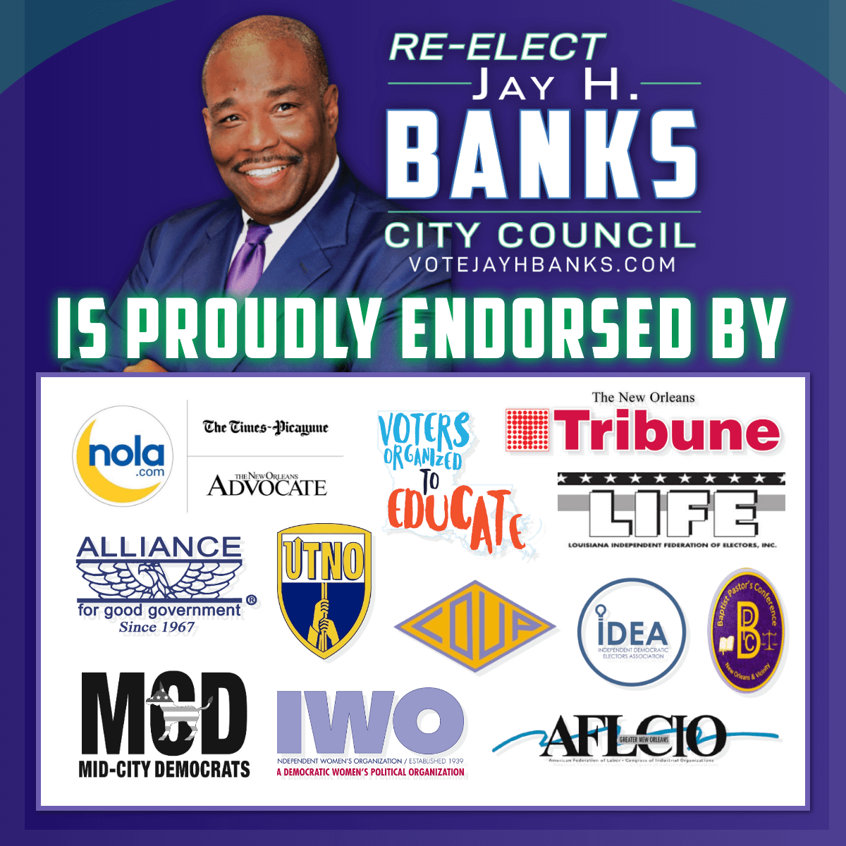 votejayhbanks's tweet photo. Polls have reopened for early voting today! I am proud to have so many influential community organizations support my vision forward for District B. Polls are open each day until November 6th from 8:30AM to 6PM, so get out and vote for Jay H. Banks, District B. #StayWithJay #NOLA https://t.co/VTYUcMdb24