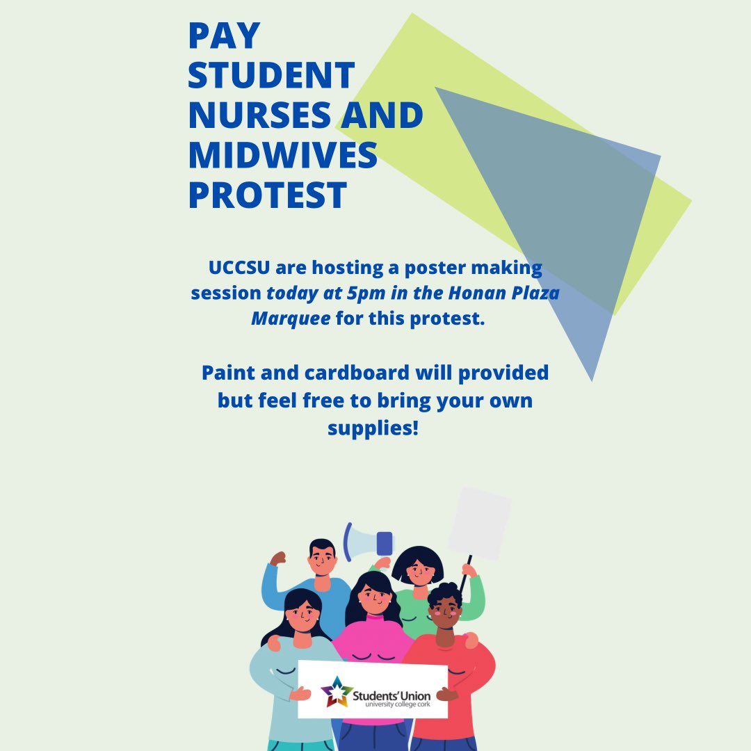 UCCSU's tweet photo. UCCSU want you to attend the #PayStudentNurses Protest tomorrow outside the Dáil.
Buses will leave WGB at 8.30am tomorrow tickets are here: https://t.co/QK1jJcs1O2 https://t.co/5TkQwEVb7I