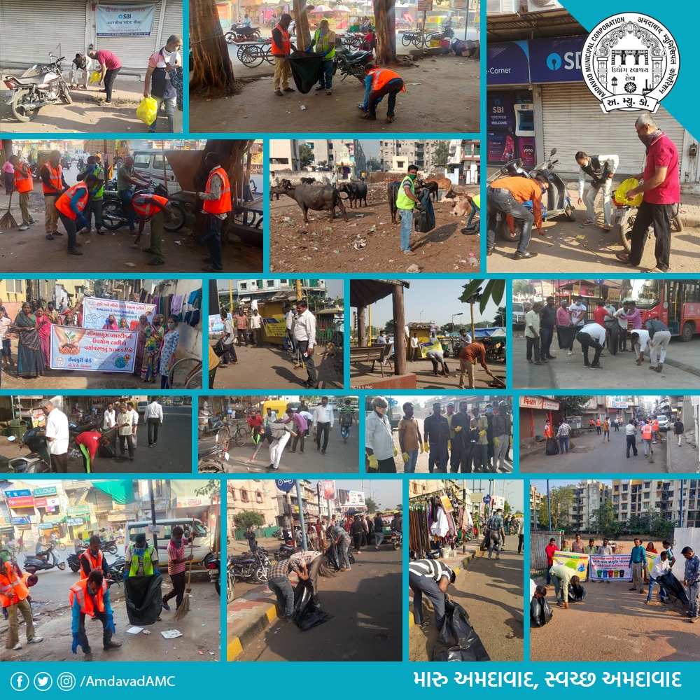 AmdavadAMC's tweet photo. #SwachhBharatMission2.0 અંતર્ગતની સ્વચ્છતા ઝૂંબેશમાં #TeamSWM_AMC દ્વારા શહેરના વિવિધ વિસ્તારોમાં પ્લોગીંગ ડ્રાઈવ યોજવામાં આવી. https://t.co/i06oaK3fqr