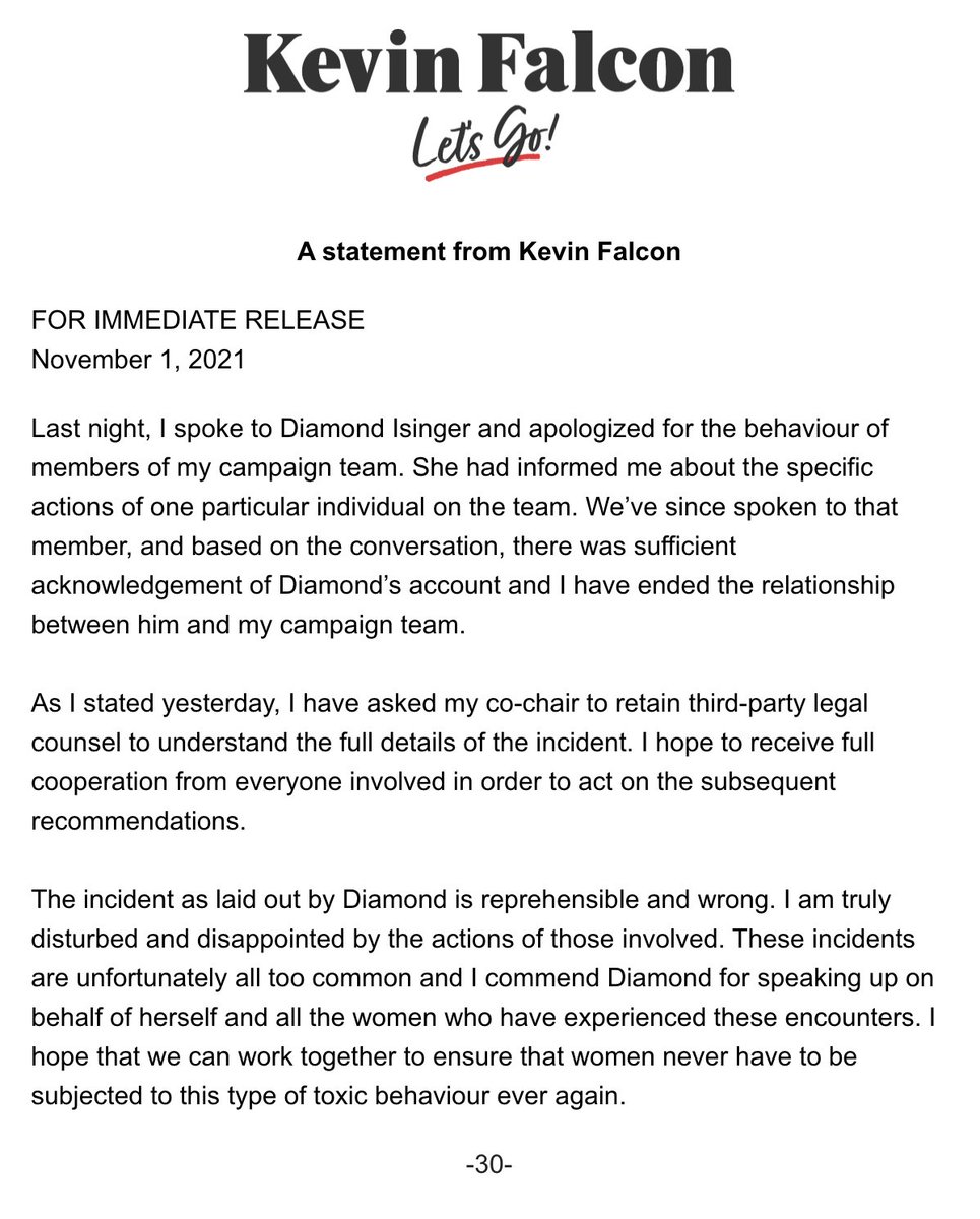 KevinFalcon's tweet photo. My statement regarding the recent allegations. https://t.co/suVknsn7L0