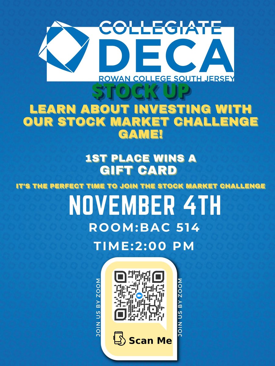 Don't miss out. It's a win/win! Can't wait to see you all there. 

#RCSJ #RowanCollege #BusinessDivision #DECA #stocks
#stockstowatch
