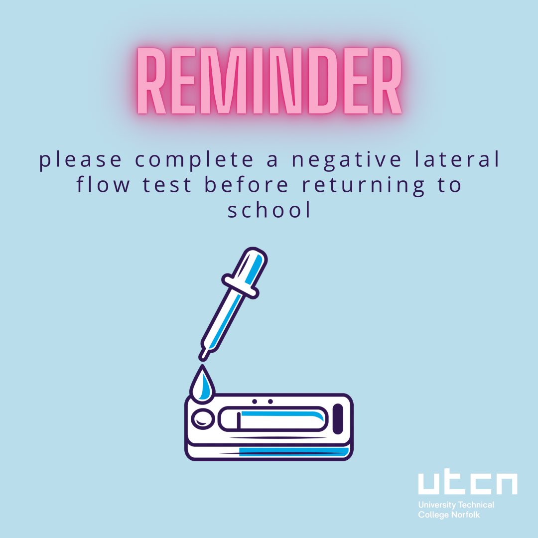 UTCNorfolk's tweet photo. We are requesting all students to complete a negative lateral flow test today before arriving back to school tomorrow.
Following a rise in COVID-19 cases and advice from Public Health England, masks will be required in communal areas.
We look forward to welcoming back students! https://t.co/ouCccpLn9B