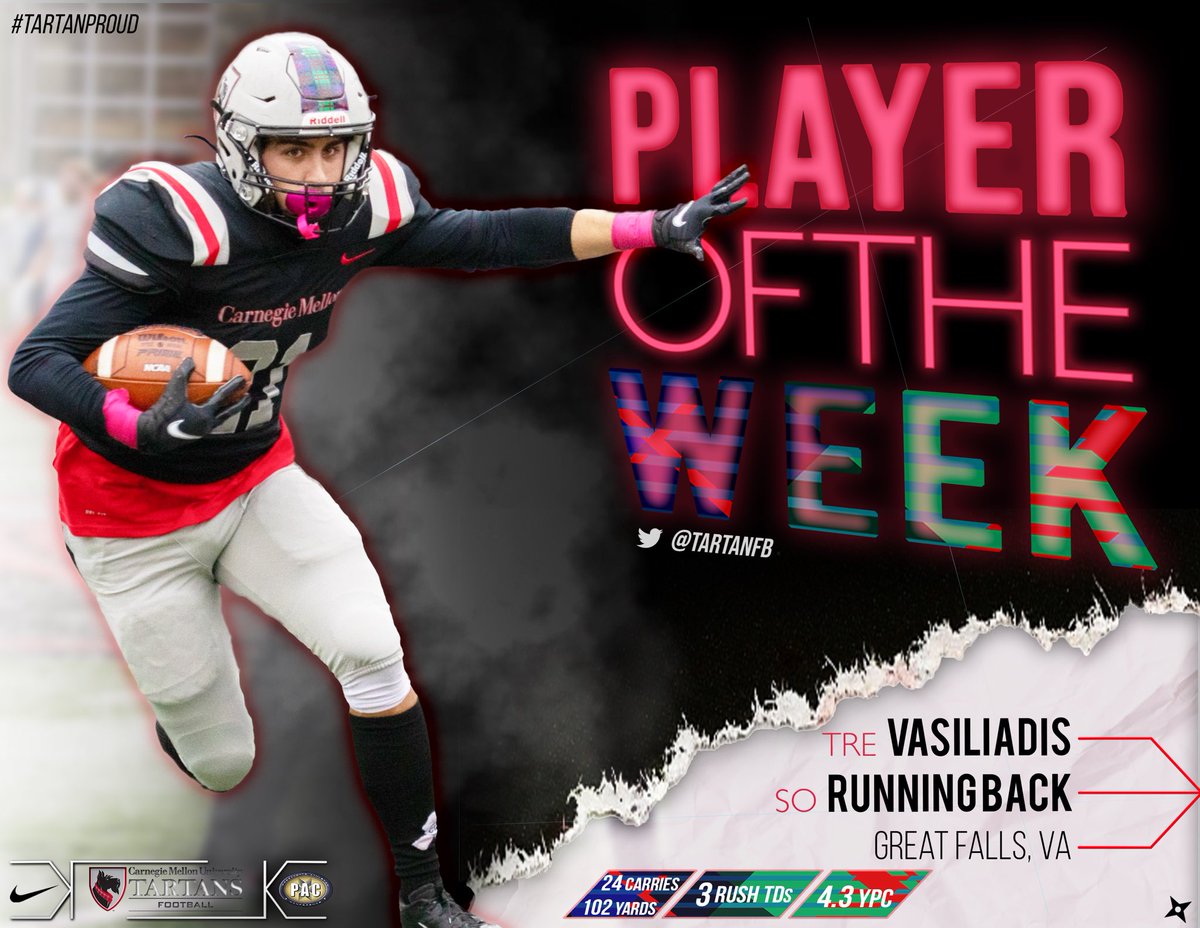 🏅<a href="/TartanFB/">Carnegie Mellon Football</a> Player of the Week🏅

This week’s #TartanFBPOW is RB Tre Vasiliadis (#21) from Great Falls, VA! Tre rushed 24 times for 102yds &amp; 3 TDs. Congratulations, Tre! #TartanProud

#RDT | #TartanProud | #DieHardDOGS | #MenofAction | #TartanDOGS