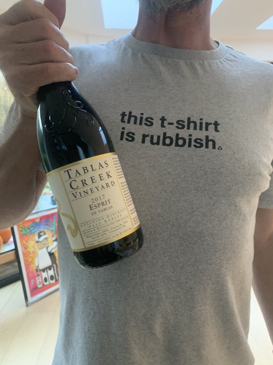 A couple of things that highlight our ethos. A stunning bottle of wine - Esprit de Tablas Rouge from certified biodynamic producer <a href="/TablasCreek/">Tablas Creek</a> and a t-shirt made from recycled organic material by <a href="/Rapanuiclothing/">Rapanui®</a> . Plus some brilliant artwork in the background from <a href="/JamesAme72/">James Ame</a>