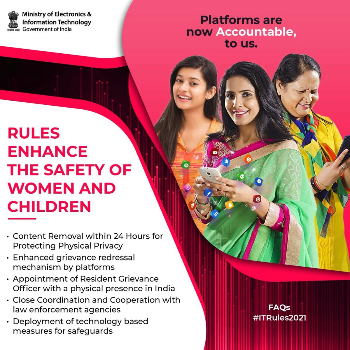 GoI_MeitY's tweet image. The new #ITRules2021 enhance the safety of women and children! Read the FAQs document, launched by MoS @Rajeev_GoI today, that clarifies the doubts &amp;amp; explains the nuances of the due diligence to be followed by intermediaries as part of the Rules. 
meity.gov.in/.../FAQ_Interm…