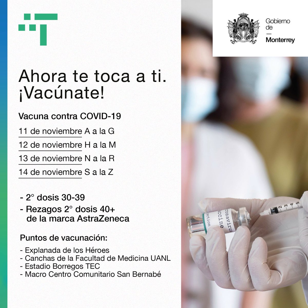 Del 11 al 14 de noviembre se llevará a cabo la vacunación contra COVID-19 para las personas:

▶️ 2ª dosis adultos de 30-39 años
▶️ Rezagos 2ª dosis 40+ que se hayan aplicado Astra Zeneca