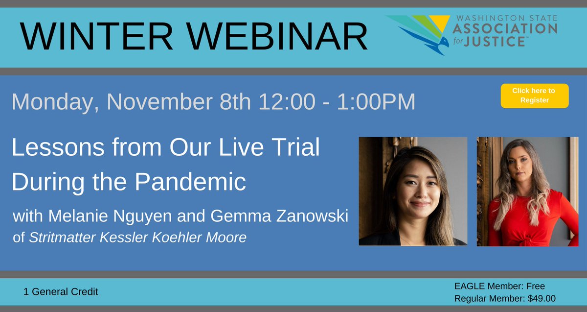 wajustice's tweet photo. Join WSAJ EAGLES Melanie Nguyen and Gemma Zanowski of @StritmatterLaw as they reflect on a recent trial. Register here: https://t.co/tNxhVKfNTF
#WSAJ #WSAJWebinar #remotejurytrial #virtuallaw #StritmatterLaw https://t.co/nhSdEvXJKb