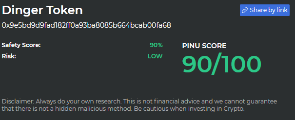 PinuScanner's tweet photo. $DINGER #DINGER 
They just got an incredible score of 90/100 on the @InuPirate $PINU Contract Scanner that looks for malicious functions &amp; dangerous code.

Join TG to learn more https://t.co/CLNdr7ybTZ https://t.co/16C1bBMApw