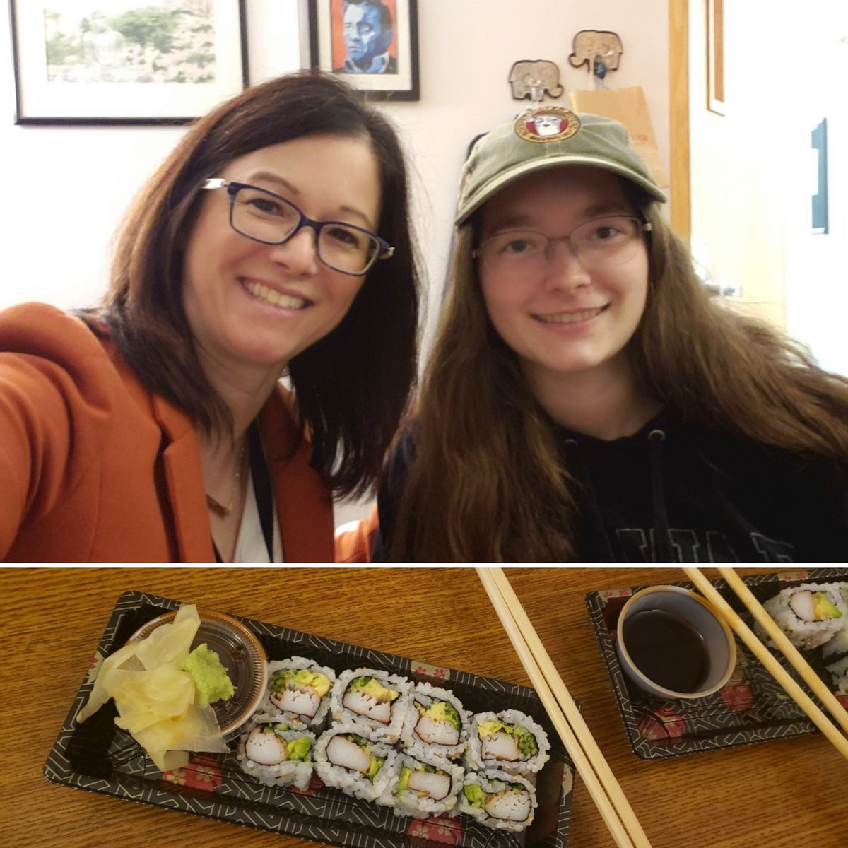 MichelleGarey's tweet photo. Mondays are awesome!  Sushi lunch date on campus with my girl. I'll miss this when she graduates. #dtccgrad2022 #makeyourmonday https://t.co/b1DU0r6Qug