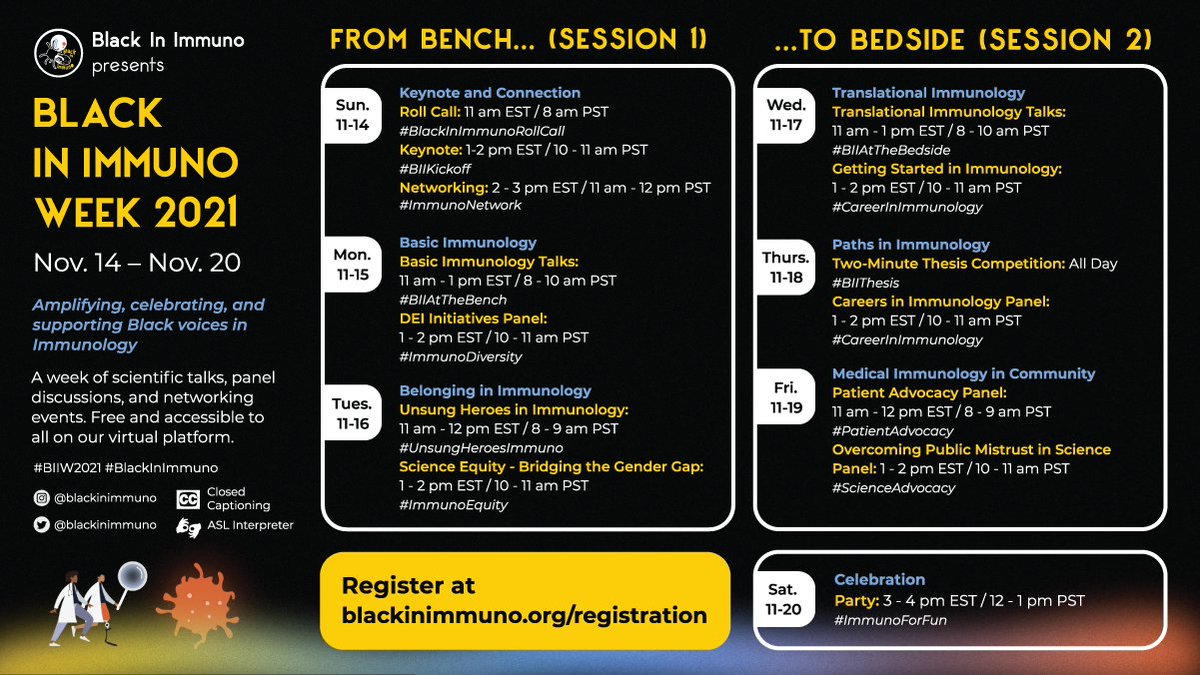 We are 2 weeks out from Black in Immuno Week! 

A week-long virtual symposium to connect, amplify &amp; celebrate the contributions of Black researchers in the field of immunology 👩🏿‍🔬

Register today to join us. It's free and open to all. blackinimmuno.org/registration

Share widely by RT 🙏🏿