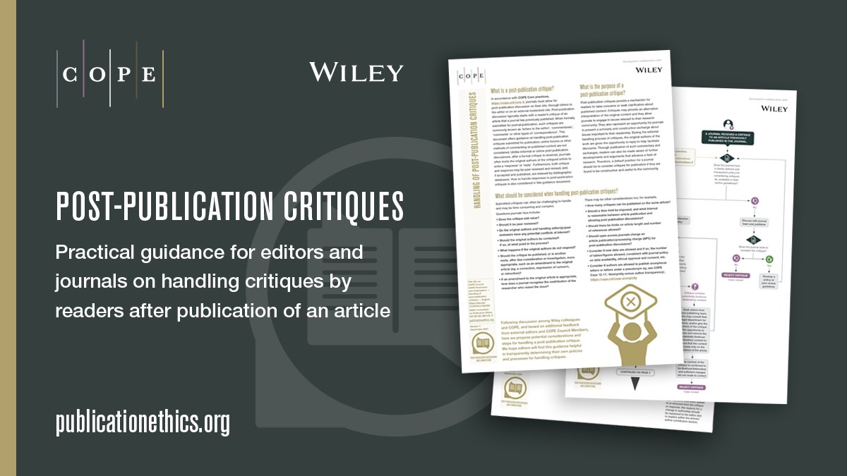 C0PE's tweet photo. Guidance for journals on how to handle #PostPublication discussion and potential issues an editor could face. Do they add value to the research? Should they be peer reviewed? What about COIs? Flowchart from @C0PE and @wileyinresearch https://t.co/beqNZSadjY https://t.co/QoFfXAV1qr