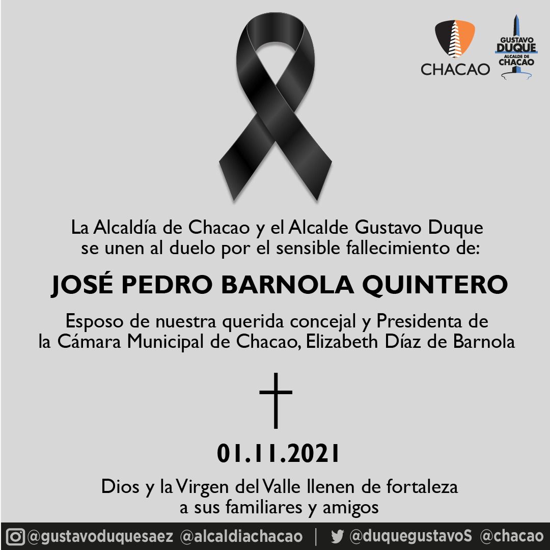 duquegustavoS's tweet photo. #01Nov Con mucho dolor les participo el fallecimiento del Dr.José Pedro Barnola, esposo de nuestra querida Elizabeth Díaz de Barnola, presidenta del @concejochacao, vecina y gran amiga. José Pedro, excelente persona y uno de los mejores profesionales del derecho en el país.

QEPD https://t.co/yJhtFVCvwu