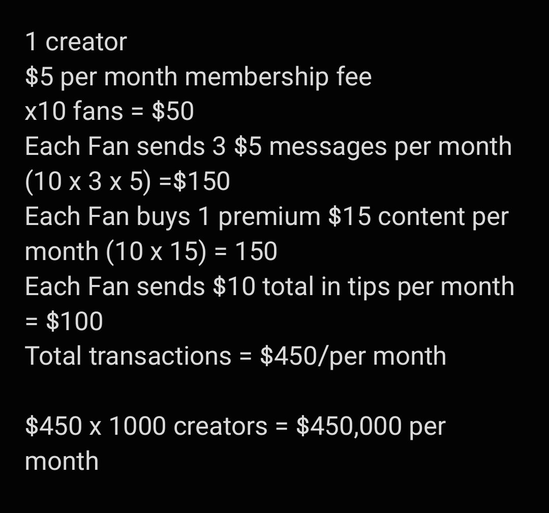 @J_Fresh2Death @AltcoinDailyio @inferno_pay Something to think about... This is a conservative estimate of what an adult fan site can generate.  #all4fans is launching Nov 4th, powered by @inferno_pay.  Why wouldn't you want to grab a bag? What does this volume do to a token?   #infernopay $ifo