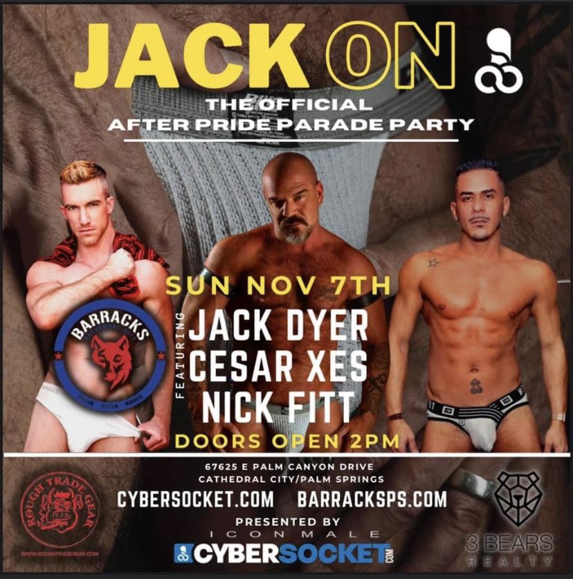 MarinaMacPS's tweet photo. Sunday!! 11/7..  starting at 2pm.  Jack On at the barracks Palm Springs.   Be there… or else!!! @JackDyerX1  @TheBarracksPS https://t.co/4JfojrwqRW #cybersocket https://t.co/70f1NEYvQR