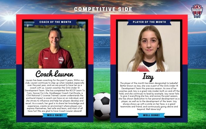 NewmarketSoccer's tweet photo. The NSC Coach and Player of the Month is a time to highlight individuals who’ve demonstrated growth, integrity, sportsmanship, and recognize their impact on their team and community.

This month we want to highlight Coach Lauren and Izzy! 👏

#NSC #Soccer #Inspire #WellDone https://t.co/wGPR0tQqmO