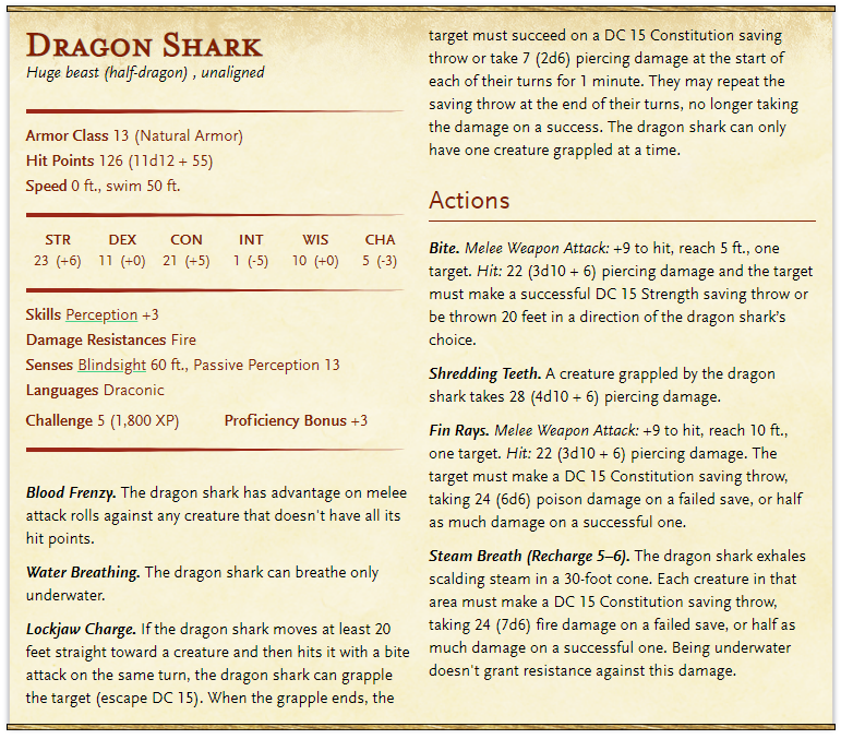 EldritchCreates's tweet photo. Welcome to #Swashbucklvember! We here at the Elder Brain will be posting a homebrew creation every day this month, starting off today with a Huge Sea Creature by @DonmyGoldensun, the Dragon Shark! Add this beastie to your seafaring adventures!
#dnd #homebrew #dnd5e #creating https://t.co/Z2xrdcn9wG