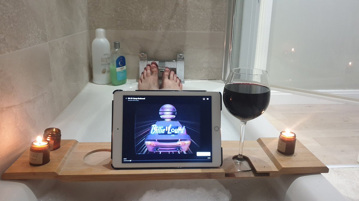 jason_rodger's tweet photo. Okay, so nows time to relax and help my sore ribs... 
Red wine, Sandalwood candles, ahs 1984, bath salts, bubbles and lots of hot water... all the necessities. https://t.co/Y8E4pKznJu