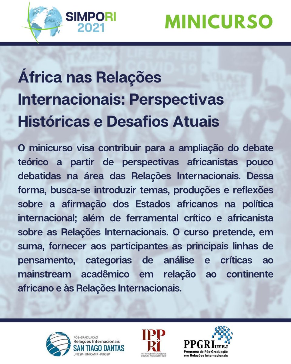 sam_guimaraes's tweet photo. Próxima semana no #SIMPORI irei ministrar o Módulo 3 do minicurso "África nas Relações Internacionais: Perspectivas Históricas e Desafios Atuais", entitulado "O pós-Guerra Fria: conflitos civis e construção da paz na África". Inscrições: https://t.co/fHhUC2nNc8  @gedes_oficial https://t.co/APp66u8mfY