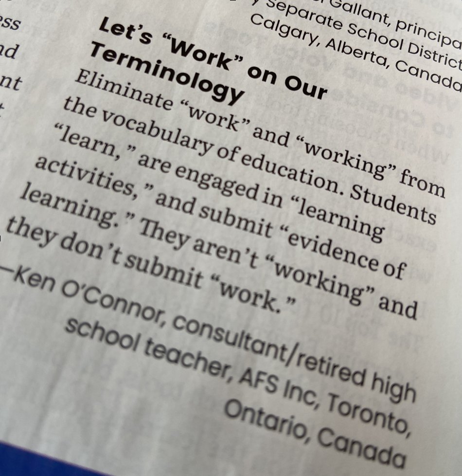 myrondueck's tweet photo. Since I read this piece by @kenoc7 in @ELmagazine I CAN'T stop hearing WORK, WORK, WORK in my school! There's a lot to this folks...maybe our 'work' terminology is behind some of our questionable grading traditions (zeros, late deductions, etc). https://t.co/iTvh1SNNA5