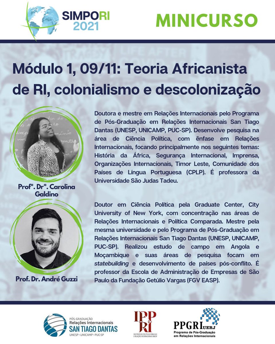 sam_guimaraes's tweet photo. Próxima semana no #SIMPORI irei ministrar o Módulo 3 do minicurso "África nas Relações Internacionais: Perspectivas Históricas e Desafios Atuais", entitulado "O pós-Guerra Fria: conflitos civis e construção da paz na África". Inscrições: https://t.co/fHhUC2nNc8  @gedes_oficial https://t.co/APp66u8mfY