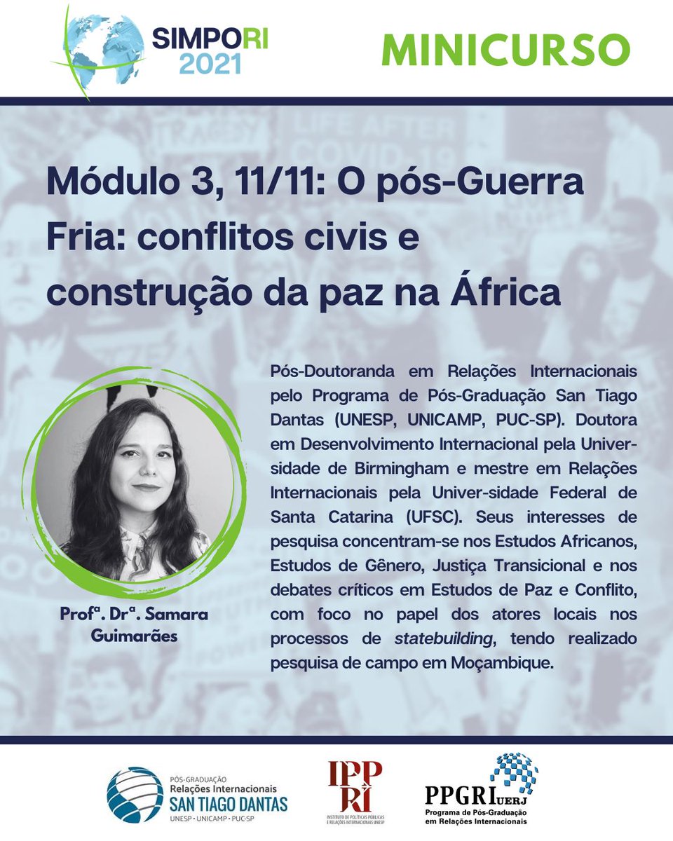 Próxima semana no #SIMPORI irei ministrar o Módulo 3 do minicurso "África nas Relações Internacionais: Perspectivas Históricas e Desafios Atuais", entitulado "O pós-Guerra Fria: conflitos civis e construção da paz na África". Inscrições: lnkd.in/e7kZi4X5  <a href="/gedes_oficial/">GEDES</a>