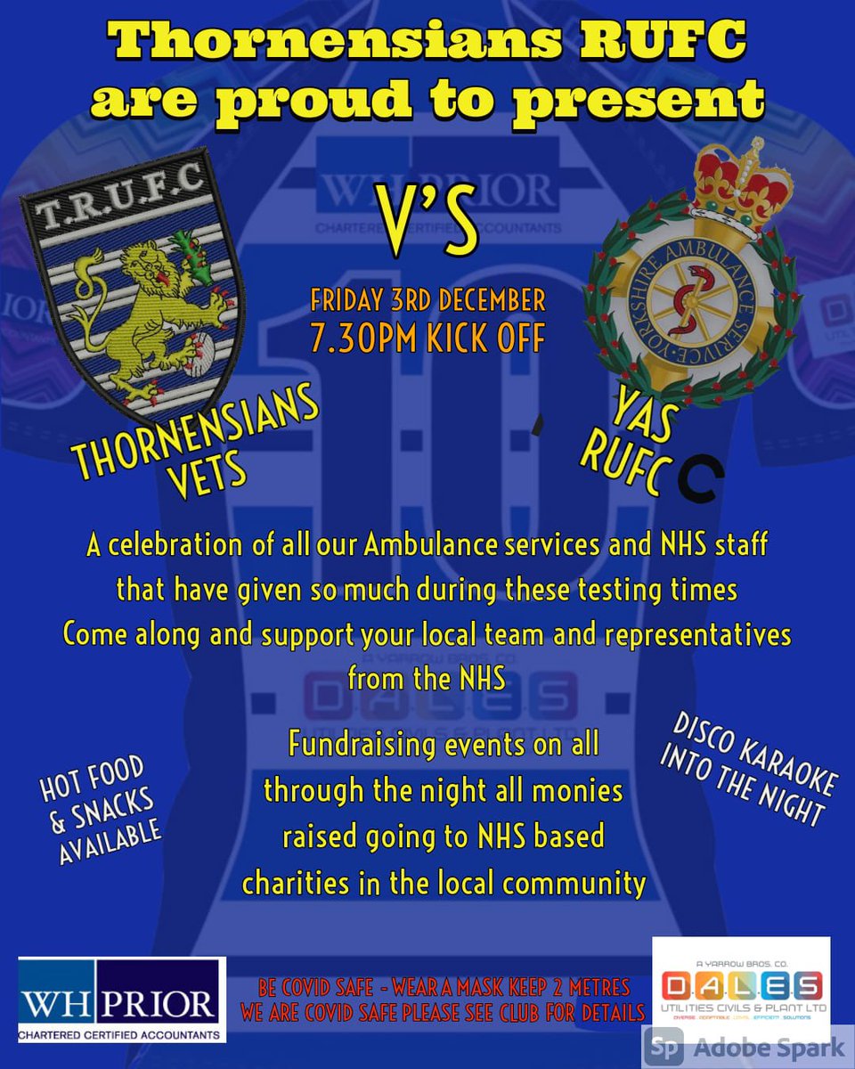 RoothyR's tweet photo. Thornensians Vets vs Yorkshire Paramedics for NHS Charities. https://t.co/SZfFnFfM3K