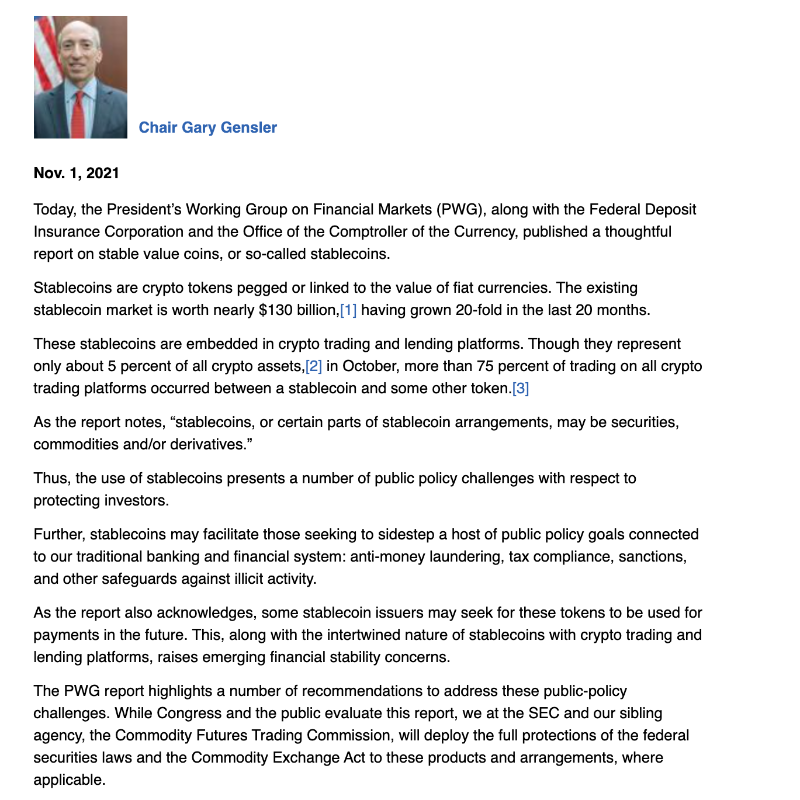 GenslerArchive's tweet photo. I’m pleased to have worked with @POTUS’ Working Group on Financial Markets (PWG) on the stablecoins report.

Read the report: