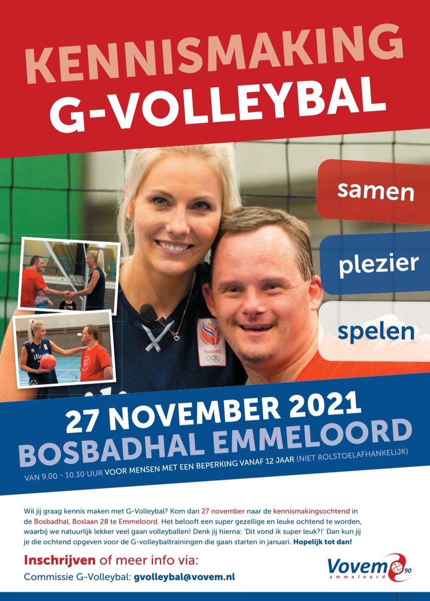 vovem's tweet photo. KENNISMAKINGSOCHTEND G-VOLLEYBAL

Ben jij iemand die altijd al heeft willen volleyballen? Dan is dit nu je kans!
Volleybalvereniging Vovem’90 organiseert 27 November van 09.00 tot 10.30 een kennismakingsochtend G-Volleybal voor mensen met een beperking vanaf 12 jaar! https://t.co/kPdw99sE76