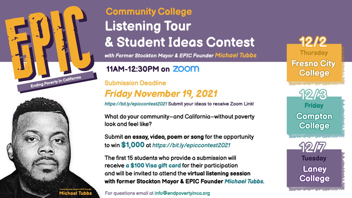 jonlbrack's tweet photo. @fresnocity @compton_college @Laney_College students! What does your community without poverty look and feel like? Share your vision with @MichaelDTubbs and EPIC for the opportunity to win $1,000! https://t.co/Q0uDSicjQn https://t.co/F8ZDCFRa5S