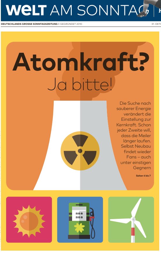 CarlBerglof's tweet photo. Tyska tidningen @welt har en tilltalande framsida på senaste söndagsnumret. De utbyggbara fossilfria kraftslagen jämte varandra. Det här hade jag inte vågats hoppats på att se i tysk media. Det är förändringens tid. #kärnkraft https://t.co/RB5qmgJCxO