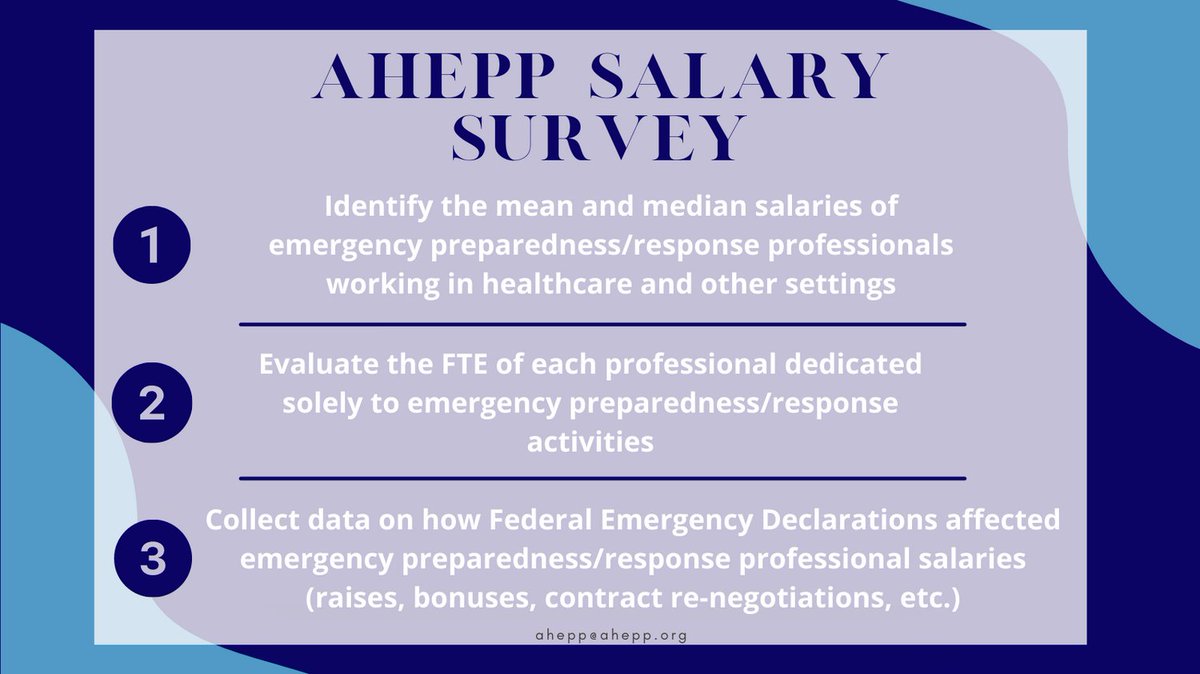 AHEPP1's tweet photo. Calling all Emergency #Preparedness and Response professionals! Have you taken the AHEPP Salary Survey? Now is your chance! A few of our goals are listed below. For more information and to participate, visit https://t.co/5fMFzQhwE2
#MovingPreparednessForward https://t.co/2aBlrLS7tB