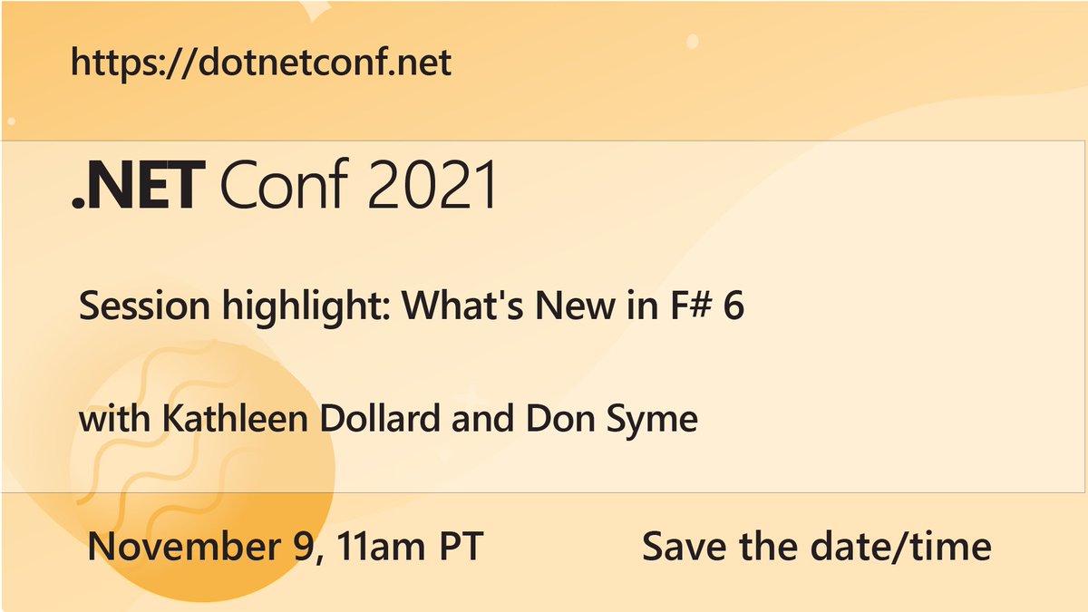 dotnet's tweet photo. Coming to #dotNETConf... Drop in to hear about the new features and improvements made to #FSharp 6; including:
➡️ New authoring async task mechanism
➡️ Faster list and arrays
➡️ Improved tooling
➡️ Language simplification
...so much more. Save the date: https://t.co/4rQXQQcAwH https://t.co/Bm1DRXpJ27