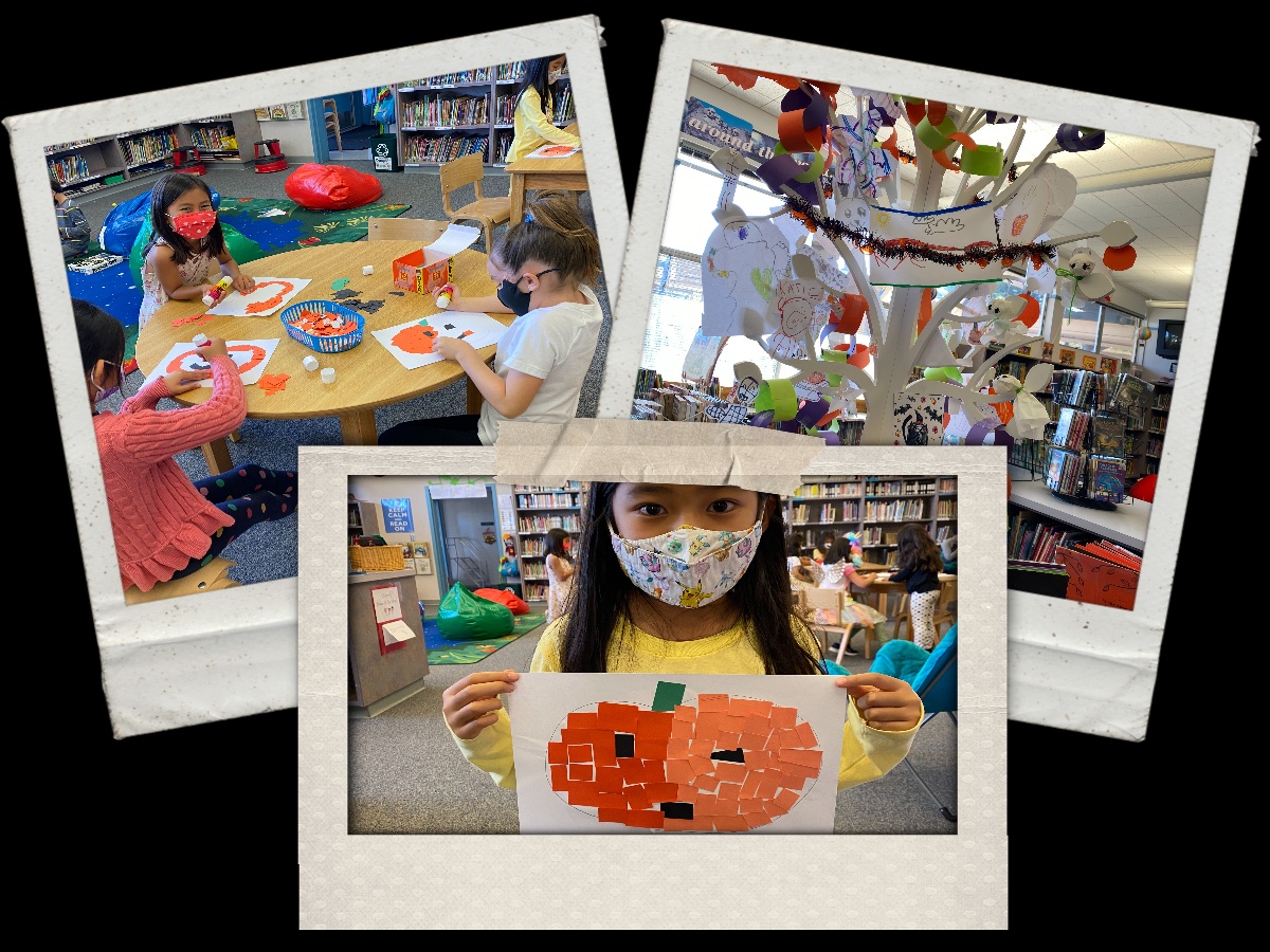 HeatherSCSD's tweet photo. The Heather library celebrated Halloween in a fun way.  Library volunteers read silly and spooky stories to classes last week.  Students created mosaic pumpkins during Library Club &amp; decorated our tree with ghosts, skeletons, and other decorative embellishments.  Happy Halloween! https://t.co/98OEUh0hw5